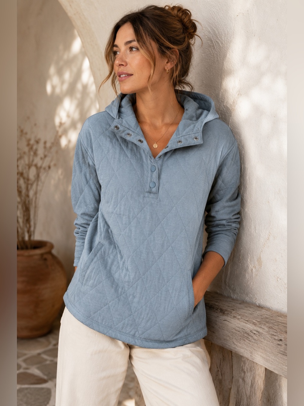 Lands’ End Quilted Hoodie Pullover Snap Neck Blue Sweatshirt Small NWT